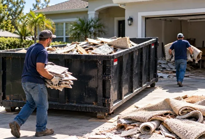 Workers disposing of old carpet and broken floor tiles in a roll-off dumpster during a home flooring replacement in Ocala.