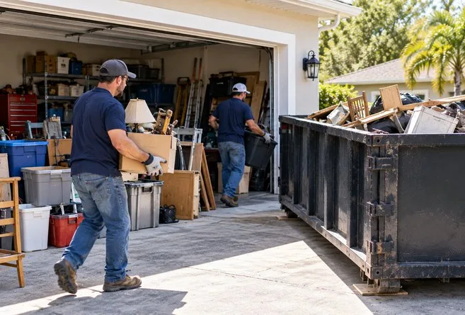Workers clearing out a cluttered residential garage and loading unwanted furniture and household items into a roll-off dumpster.